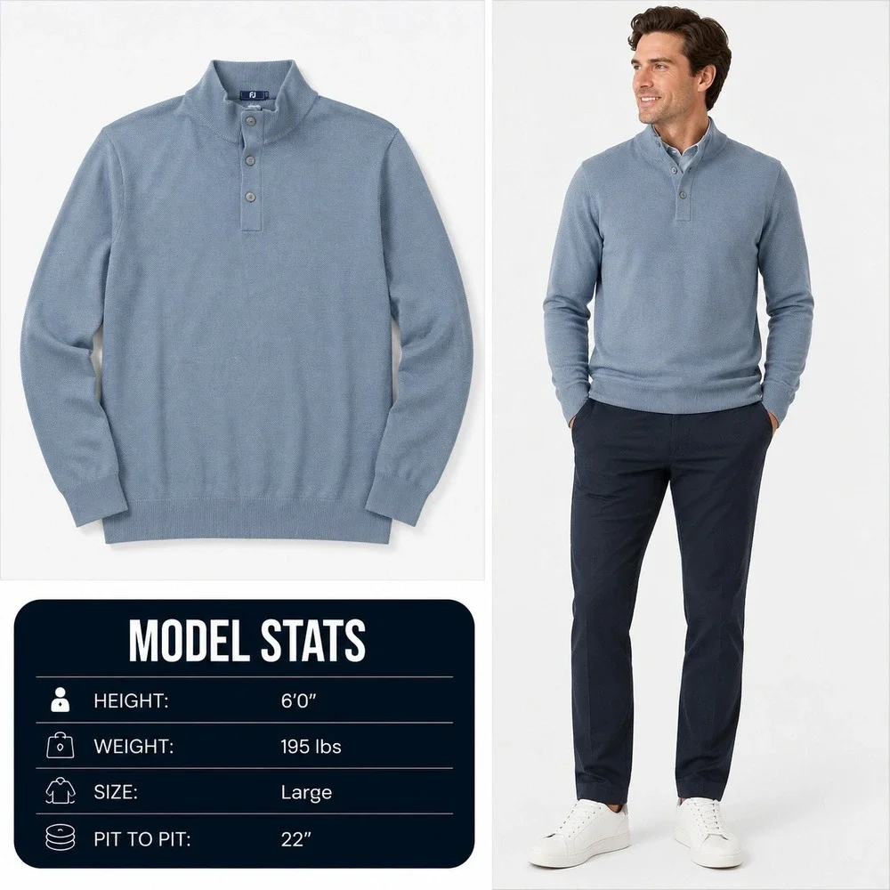 FootJoy Mens Seed Stitch Sweater Flint Blue Wool Blend 3-Button Pullover 33232 L